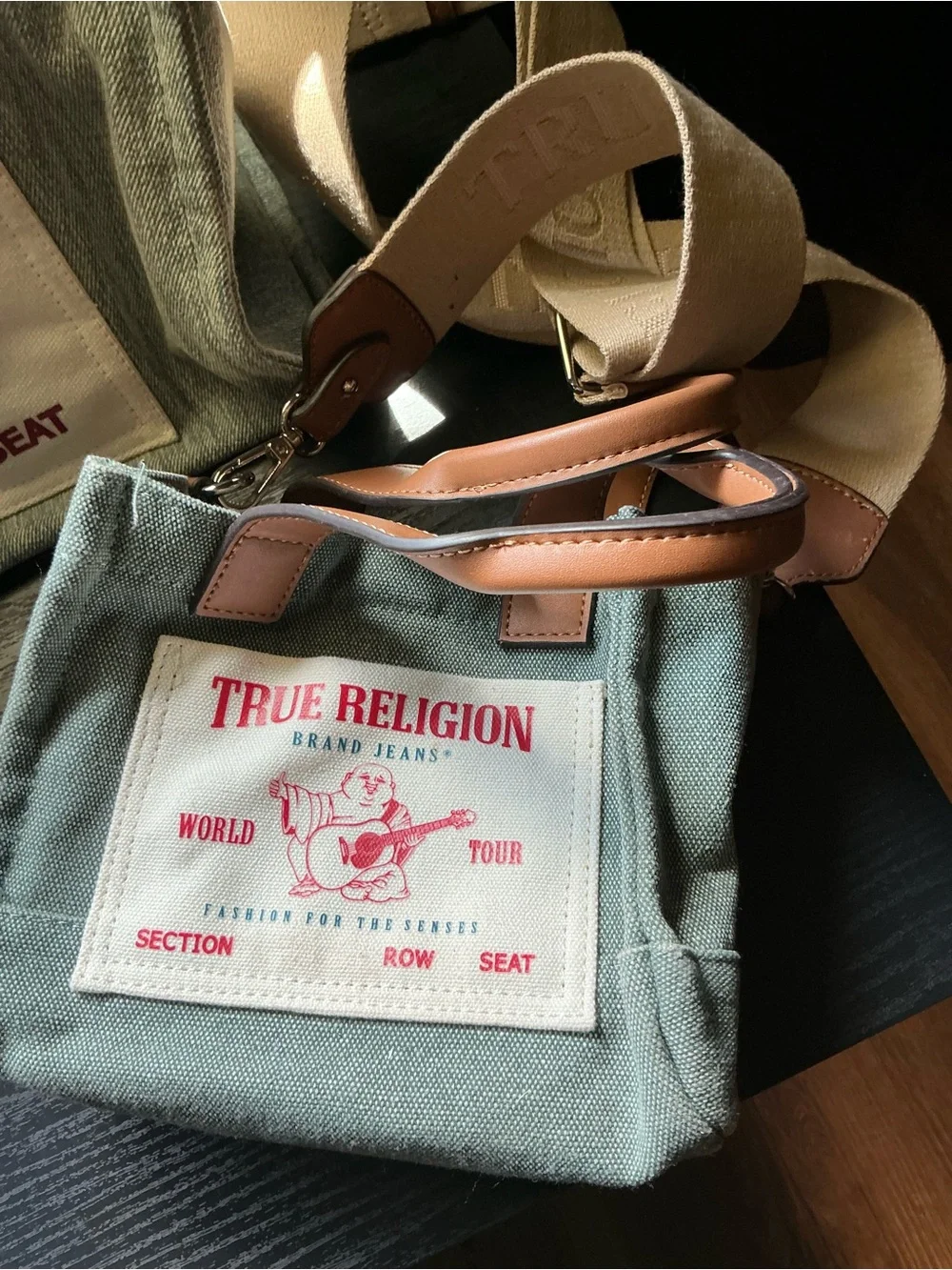 True Religion Jean Canvas Duffel Tote with Leather Accents
